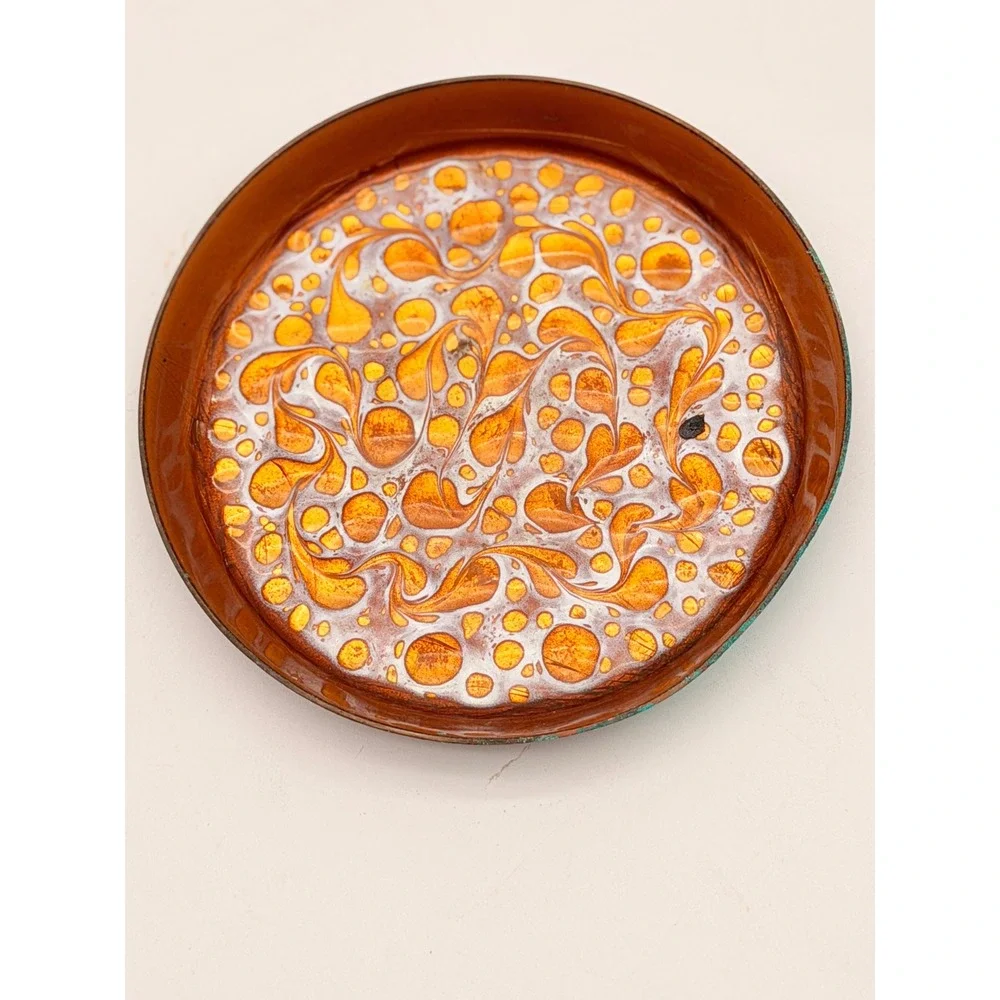 Vintage Mid Century Enamel on Copper Trinket Dish Orange White Marbled 5 Inch